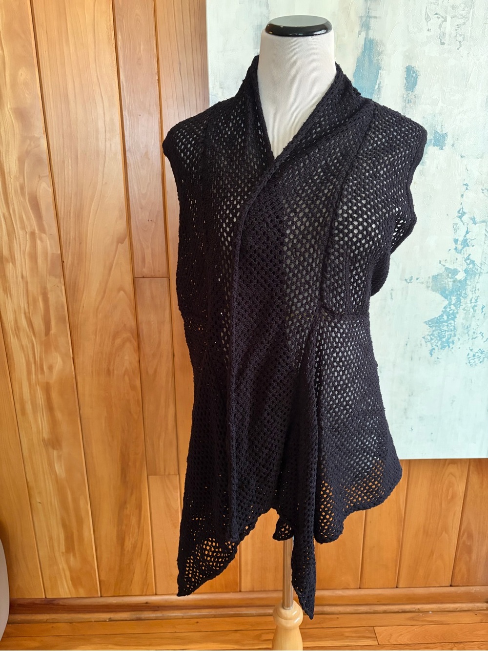 United States Sweaters Black Open-Knit Draped Vest Hippie crochet like Shawl